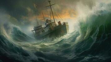 pescaria barco fugindo tsunami ondas dentro tormentoso mar foto