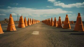 linha do tráfego cones conduzindo para fechadas estrada foto