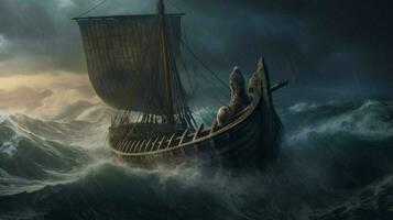 majestoso viking navio Navegando em tormentoso mares com foto