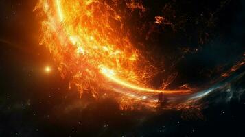 pessoa vendo solar flare a partir de nave espacial dentro esfera foto