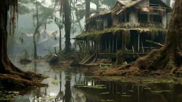 arruinado casas dentro inundado floresta depois de conseqüência foto