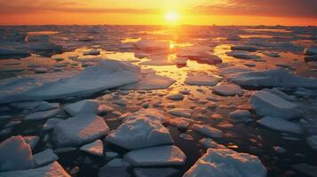 a Sol conjuntos sobre a gelo floes dentro a ártico oceano foto