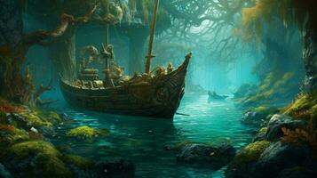maré piscina com viking navio às âncora cercado foto