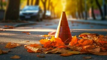 tráfego cone em calçada cercado de folhas foto