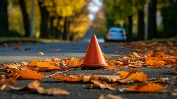 tráfego cone em calçada cercado de folhas foto