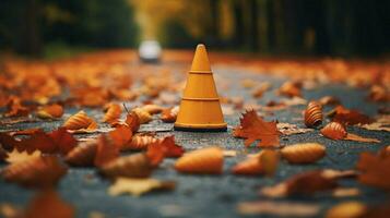 tráfego cone cercado de outono folhas em uma ganhar foto