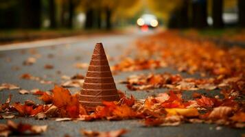 tráfego cone cercado de outono folhas em uma ganhar foto