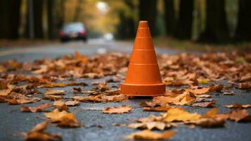 tráfego cone em calçada cercado de folhas foto