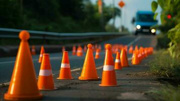 tráfego cones e Atenção sinais em a lado foto