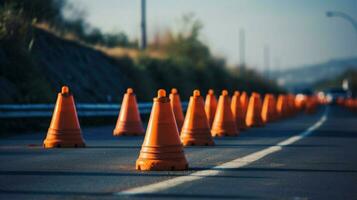 tráfego cones dentro uma linha criando temporário barreira foto