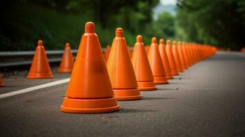 tráfego cones dentro uma linha criando barreira em ocupado foto