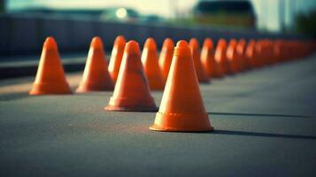 tráfego cones dentro uma linha criando temporário barreira foto