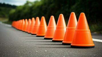 tráfego cones dentro uma linha criando temporário barreira foto