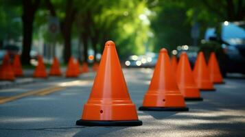 tráfego cones dentro uma linha em uma ocupado rua com foto