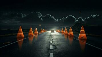 tráfego cones em uma deserta estrada às noite foto