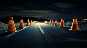tráfego cones em uma deserta estrada às noite foto