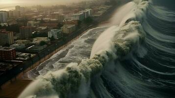 tsunami exitos litoral com maciço onda inundação foto