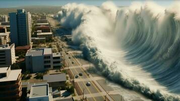 tsunami onda bate para dentro costeiro Cidade inundação foto