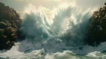 tsunami onda bate para dentro rochoso penhasco com spray foto
