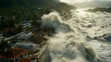 tsunami onda bate para dentro costeiro Vila destruir foto