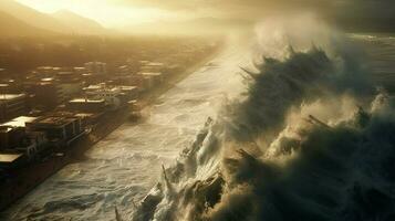tsunami onda rolos em direção a litoral espancamento a foto
