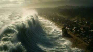 tsunami onda rolos em direção a litoral espancamento a foto