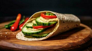 vegano embrulho com Húmus pepino e vermelho Pimenta em foto