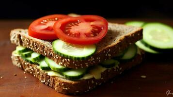 vegetariano sanduíche com Húmus pepino e tomate o foto