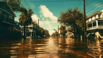 Visão do esvaziar rua dentro inundado área depois de landfa foto