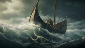 viking navio em tormentoso oceano com ondas falhando uma foto