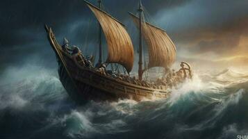 viking navio em tormentoso oceano com ondas falhando uma foto