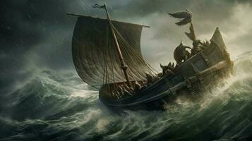viking navio em tormentoso mar com ondas falhando ove foto