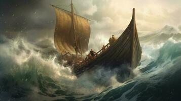 viking navio Navegando através tormentoso águas com wa foto