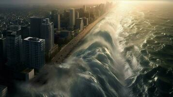 paredes do água Aumentar a partir de a oceano para devastar foto