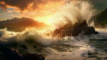 ondas batida contra a costa enviando sprays do W foto
