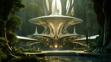 uma futurista elfo castelo dentro uma mágico floresta foto