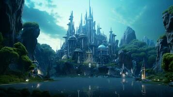 uma futurista elfo castelo dentro uma mágico floresta foto
