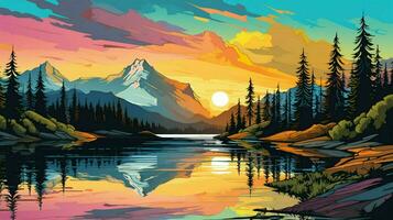 montanhas com lindo lago e árvores vetor foto