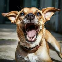 uma alegre cachorro abanando Está rabo incontrolavelmente foto