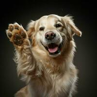 uma amigáveis cachorro oferta uma pata para uma aperto de mão foto