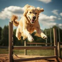 uma gracioso cachorro saltando sobre obstáculos foto