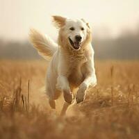 uma gracioso cachorro empinando através uma campo foto