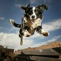 uma gracioso cachorro saltando sobre obstáculos foto