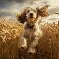 uma gracioso cachorro empinando através uma campo foto