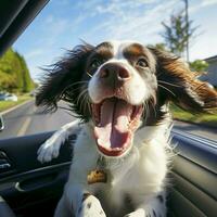 uma despreocupado cachorro desfrutando uma carro passeio foto