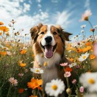 uma feliz cachorro aquecendo dentro uma campo do flores foto