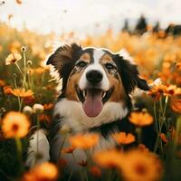 uma feliz cachorro aquecendo dentro uma campo do flores foto