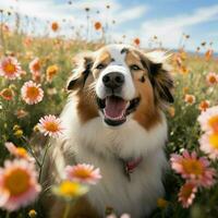 uma feliz cachorro aquecendo dentro uma campo do flores foto