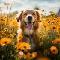 uma feliz cachorro aquecendo dentro uma campo do flores foto