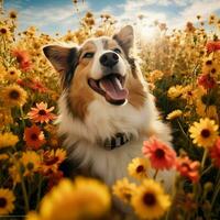 uma feliz cachorro aquecendo dentro uma campo do flores foto